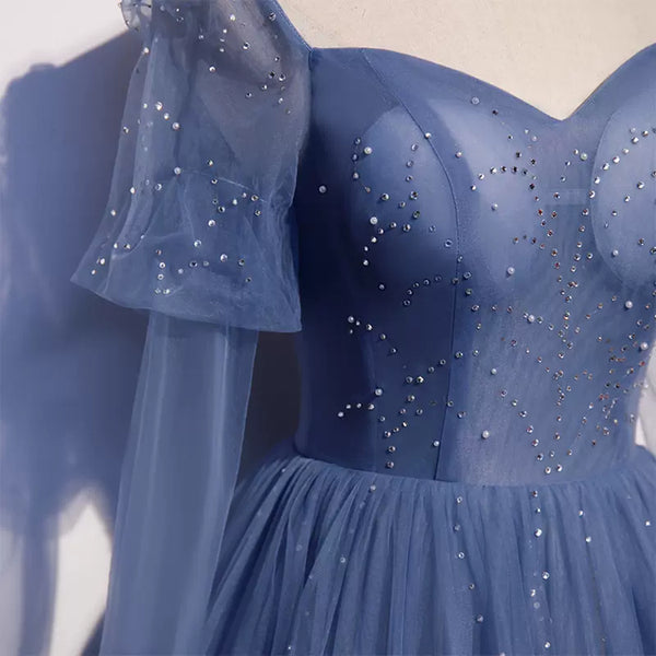 Blue Tulle Long Sleeves Beaded Long Prom Dresses, Long Sleeves Blue Formal Dresses, Blue Evening Dresses WT1241