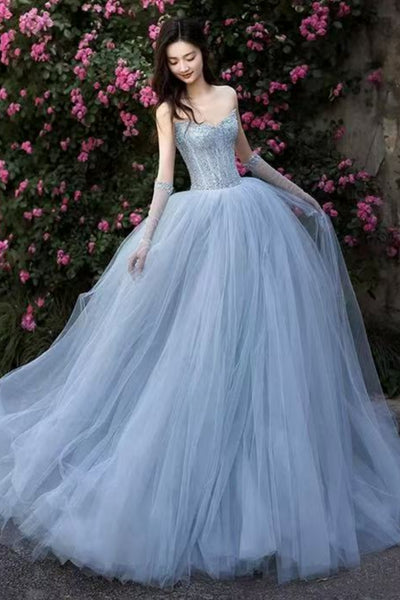 Blue Tulle Shiny Strapless Beaded Long Prom Dresses, Beaded Blue Formal Dresses, Blue Tulle Evening Dresses