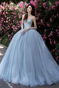 Blue Tulle Shiny Strapless Beaded Long Prom Dresses, Beaded Blue Formal Dresses, Blue Tulle Evening Dresses