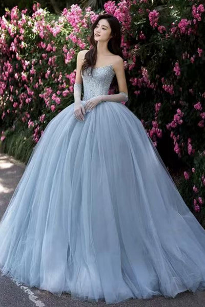 Blue Tulle Shiny Strapless Beaded Long Prom Dresses, Beaded Blue Formal Dresses, Blue Tulle Evening Dresses