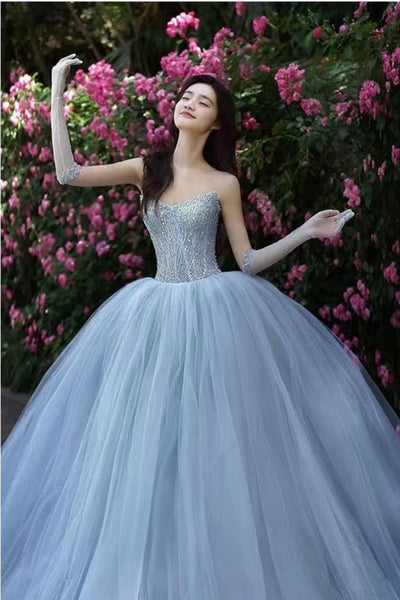 Blue Tulle Shiny Strapless Beaded Long Prom Dresses, Beaded Blue Formal Dresses, Blue Tulle Evening Dresses