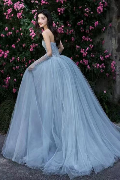 Blue Tulle Shiny Strapless Beaded Long Prom Dresses, Beaded Blue Formal Dresses, Blue Tulle Evening Dresses