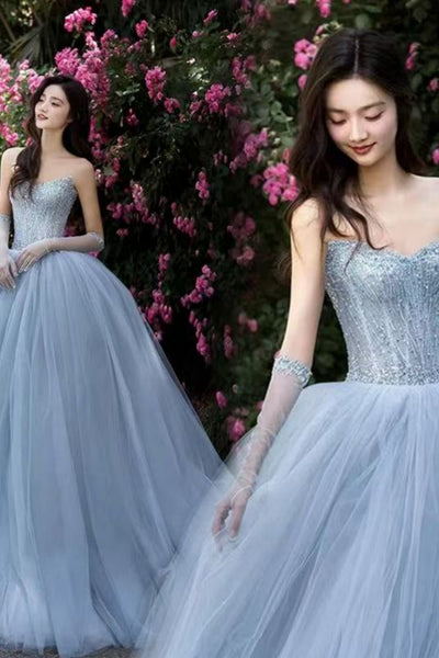 Blue Tulle Shiny Strapless Beaded Long Prom Dresses, Beaded Blue Formal Dresses, Blue Tulle Evening Dresses