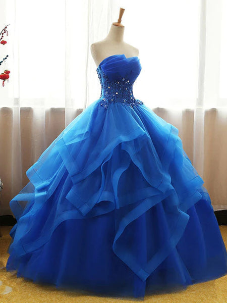 Blue Tulle Strapless Beaded Long Prom Dresses, Beaded Blue Formal Evening Dresses, Blue Ball Gown WT1449