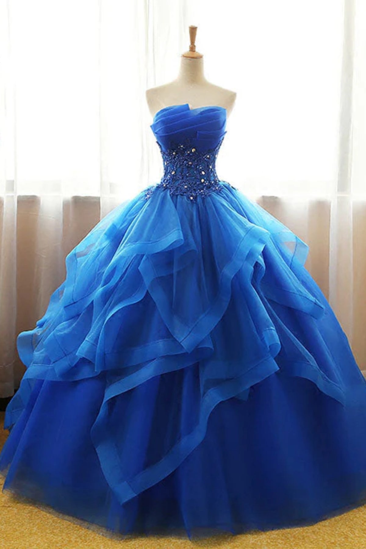 Blue Tulle Strapless Beaded Long Prom Dresses, Beaded Blue Formal Evening Dresses, Blue Ball Gown WT1449