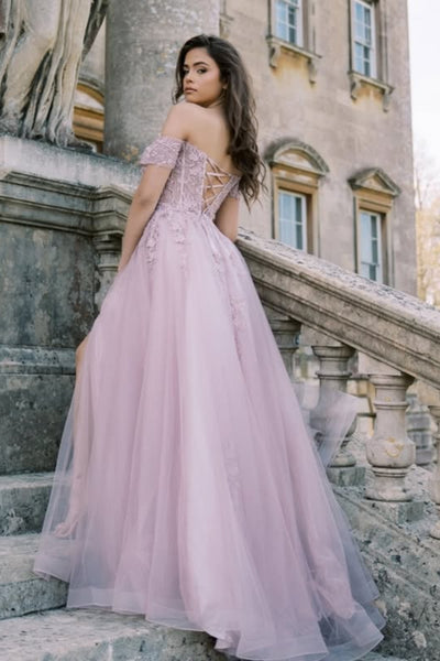 Blush Pink Tulle Off the Shoulder Lace Long Prom Dresses with High Slit, Blush Pink Lace Formal Graduation Evening Dresses WT1769