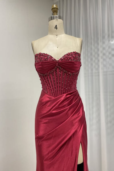 Burgundy Satin Strapless Mermaid Beaded Long Prom Dresses with Slit, Mermaid Burgundy Formal Dresses, Burgundy Evening Dresses WT1756
