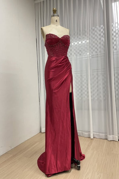 Burgundy Satin Strapless Mermaid Beaded Long Prom Dresses with Slit, Mermaid Burgundy Formal Dresses, Burgundy Evening Dresses WT1756