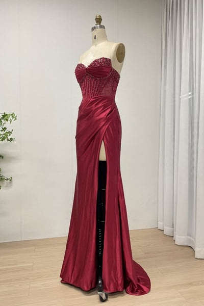Burgundy Satin Strapless Mermaid Beaded Long Prom Dresses with Slit, Mermaid Burgundy Formal Dresses, Burgundy Evening Dresses WT1756