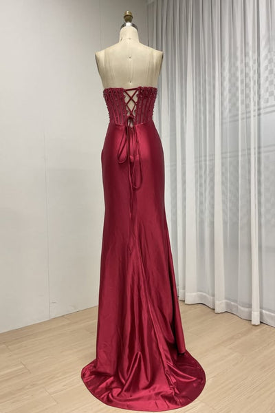 Burgundy Satin Strapless Mermaid Beaded Long Prom Dresses with Slit, Mermaid Burgundy Formal Dresses, Burgundy Evening Dresses WT1756