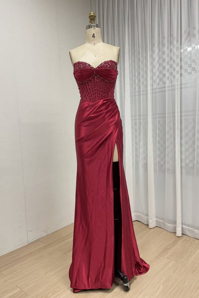 Burgundy Satin Strapless Mermaid Beaded Long Prom Dresses with Slit, Mermaid Burgundy Formal Dresses, Burgundy Evening Dresses WT1756