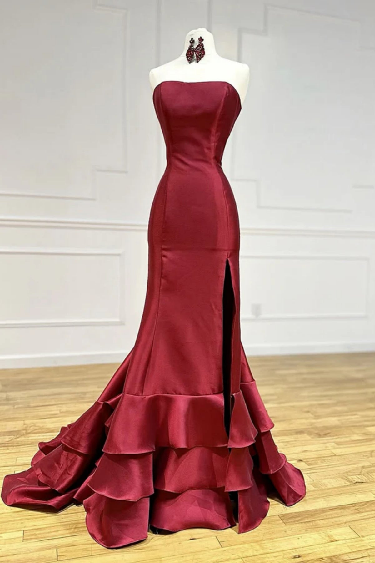 Burgundy Satin Strapless Mermaid High Slit Long Prom Dresses, Long Burgundy Formal Dresses, Wine Red Evening Dresses WT1598