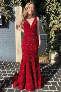 Burgundy Sequins V Neck Mermaid Backless Long Prom Dresses, Mermaid Burgundy Formal Dresses, Burgundy Evening Dresses WT1395