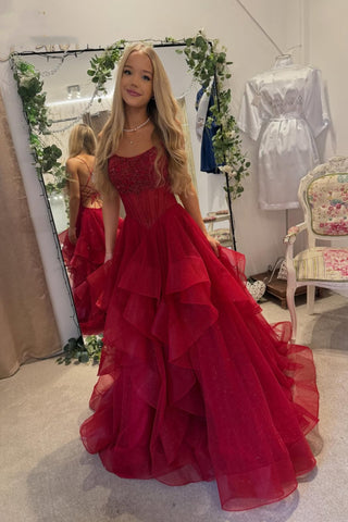 Burgundy Tulle A Line Backless Fluffy Long Prom Dresses, Burgundy Lace Formal Graduation Evening Dresses WT1694