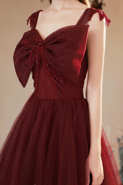 Burgundy Tulle A Line Long Prom Dresses with Bow, Long Burgundy Formal Graduation Evening Dresses WT1443