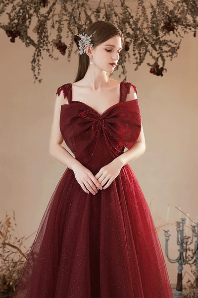 Burgundy Tulle A Line Long Prom Dresses with Bow, Long Burgundy Formal Graduation Evening Dresses WT1443