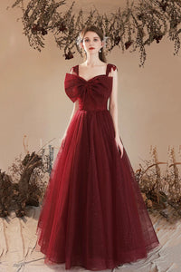 Burgundy Tulle A Line Long Prom Dresses with Bow, Long Burgundy Formal Graduation Evening Dresses WT1443