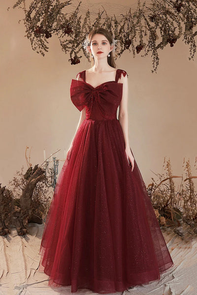 Burgundy Tulle A Line Long Prom Dresses with Bow, Long Burgundy Formal Graduation Evening Dresses WT1443