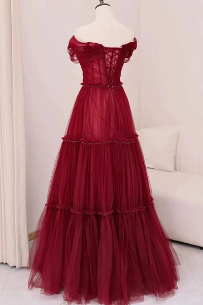 Burgundy Tulle A Line Off the Shoulder Long Prom Dresses, Long Burgundy Formal Graduation Evening Dresses WT1584