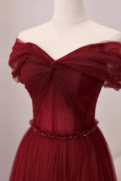 Burgundy Tulle A Line Off the Shoulder Long Prom Dresses, Long Burgundy Formal Graduation Evening Dresses WT1584