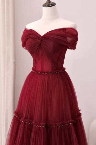 Burgundy Tulle A Line Off the Shoulder Long Prom Dresses, Long Burgundy Formal Graduation Evening Dresses WT1584