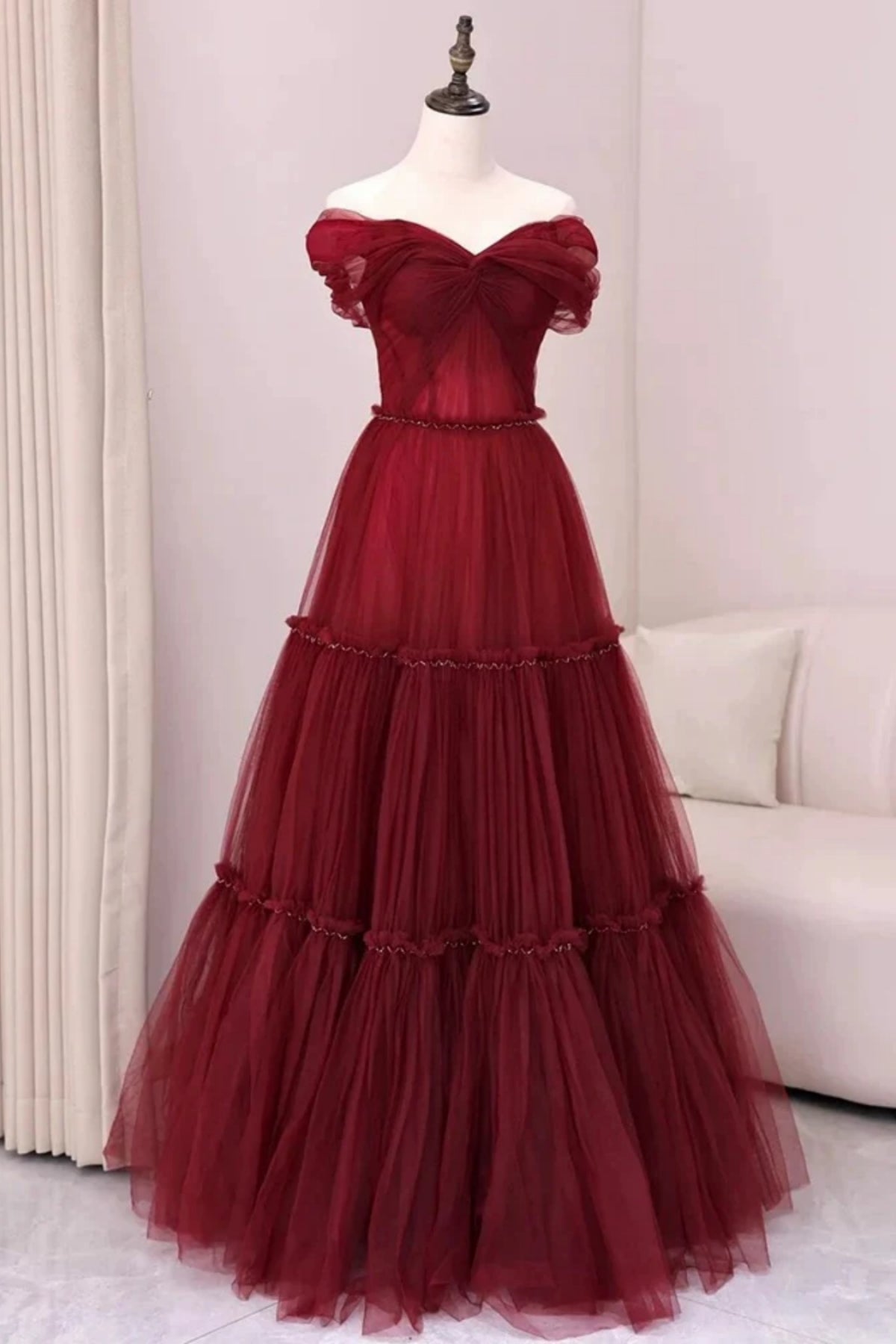 Burgundy Tulle A Line Off the Shoulder Long Prom Dresses, Long Burgundy Formal Graduation Evening Dresses WT1584