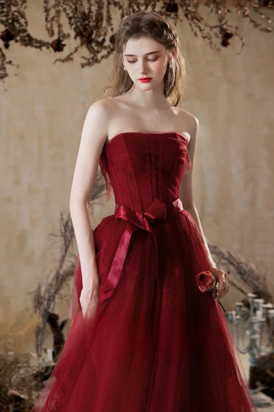 Burgundy Tulle A Line Strapless Long Prom Dresses, Wine Red Tulle Formal Graduation Evening Dresses WT1567