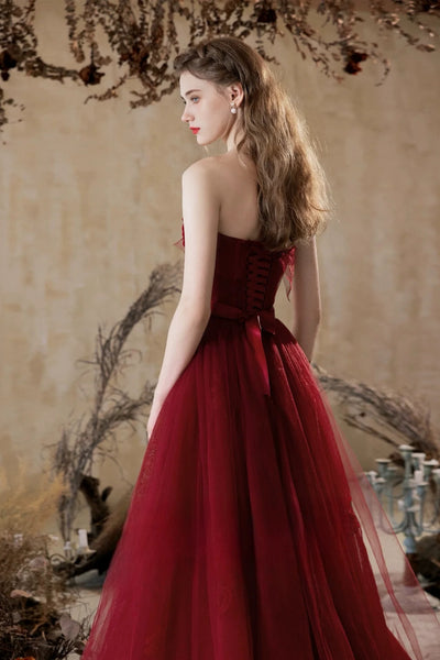 Burgundy Tulle A Line Strapless Long Prom Dresses, Wine Red Tulle Formal Graduation Evening Dresses WT1567