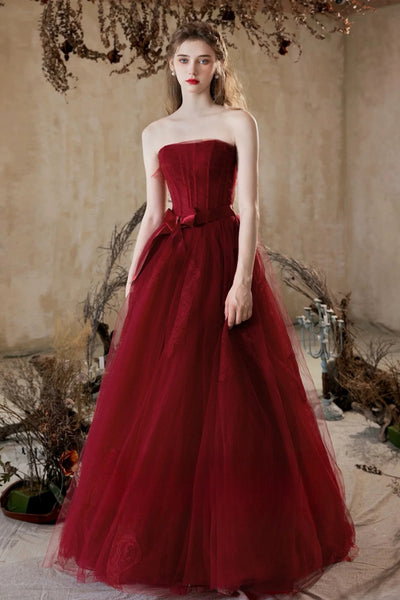 Burgundy Tulle A Line Strapless Long Prom Dresses, Wine Red Tulle Formal Graduation Evening Dresses WT1567