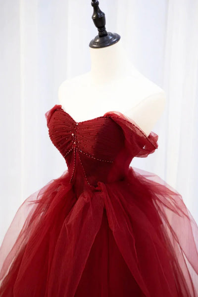 Burgundy Tulle Off Shoulder Long Prom Dresses, Maroon Formal Dresses, Off the Shoulder Evening Dresses WT1275