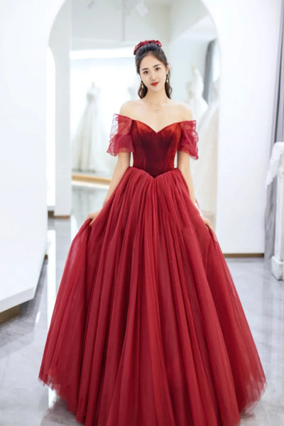 Burgundy Tulle Off the Shoulder Long Prom Dresses, Off Shoulder Burgundy Formal Dresses, Burgundy Evening Dresses WT1382