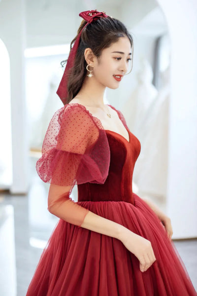 Burgundy Tulle Off the Shoulder Long Prom Dresses, Off Shoulder Burgundy Formal Dresses, Burgundy Evening Dresses WT1382