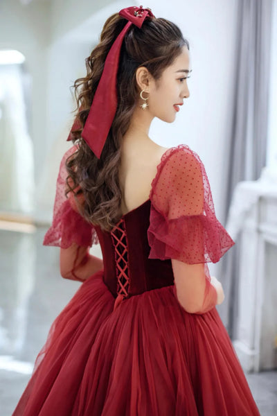 Burgundy Tulle Off the Shoulder Long Prom Dresses, Off Shoulder Burgundy Formal Dresses, Burgundy Evening Dresses WT1382