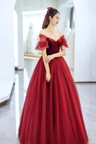 Burgundy Tulle Off the Shoulder Long Prom Dresses, Off Shoulder Burgundy Formal Dresses, Burgundy Evening Dresses WT1382