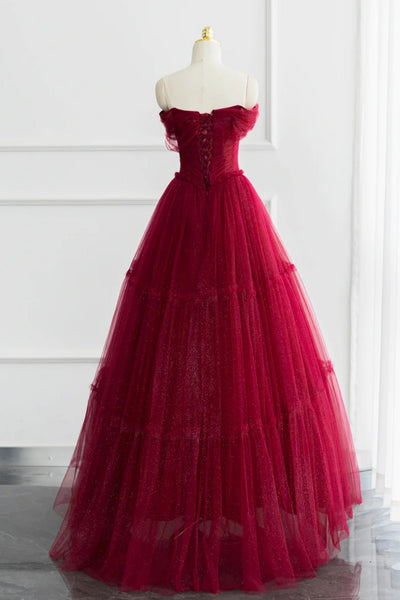 Burgundy Tulle Shiny Off Shoulder Long Prom Dresses, Wine Red Tulle Formal Graduation Evening Dresses WT1332