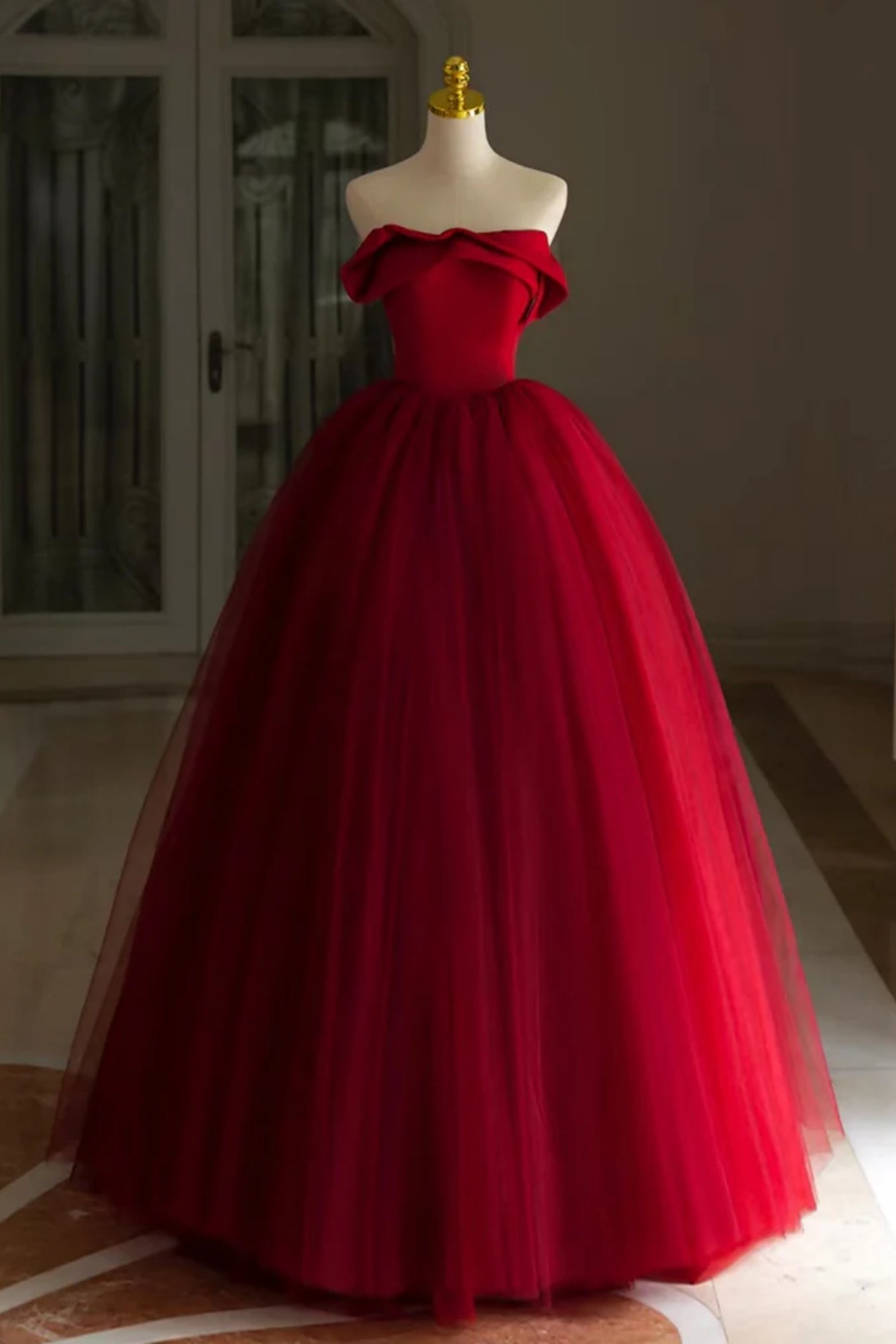 Burgundy Tulle Strapless Long Prom Dresses, Burgundy Tulle Formal Graduation Evening Dresses
