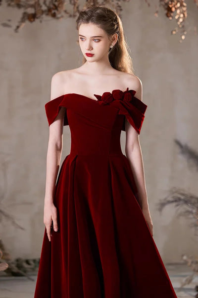 Burgundy Velvet A Line Off Shoulder Long Prom Dresses, Off the Shoulder Burgundy Formal Dresses, Wine Red Velvet Evening Dresses WT1554