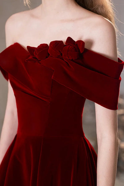Burgundy Velvet A Line Off Shoulder Long Prom Dresses, Off the Shoulder Burgundy Formal Dresses, Wine Red Velvet Evening Dresses WT1554