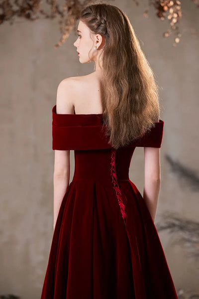 Burgundy Velvet A Line Off Shoulder Long Prom Dresses, Off the Shoulder Burgundy Formal Dresses, Wine Red Velvet Evening Dresses WT1554