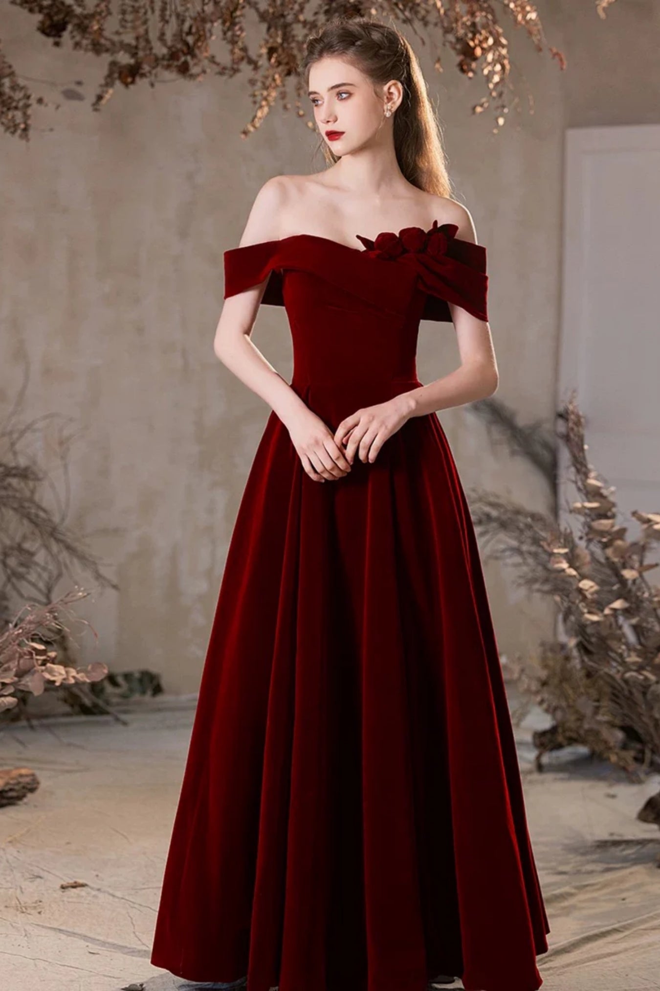 Burgundy Velvet A Line Off Shoulder Long Prom Dresses, Off the Shoulder Burgundy Formal Dresses, Wine Red Velvet Evening Dresses WT1554