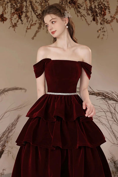 Burgundy Velvet Off Shoulder Layered Long Prom Dresses, Off the Shoulder Formal Dresses, Wine Red Velvet Evening Dresses WT1560