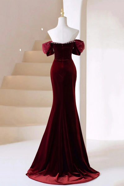 Burgundy Velvet Off Shoulder Mermaid Long Prom Dresses, Mermaid Burgundy Formal Dresses, Burgundy Evening Dresses WT1441