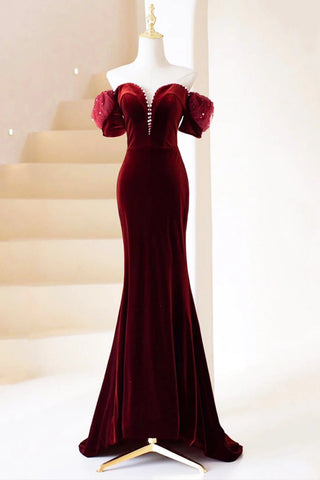 Burgundy Velvet Off Shoulder Mermaid Long Prom Dresses, Mermaid Burgundy Formal Dresses, Burgundy Evening Dresses WT1441