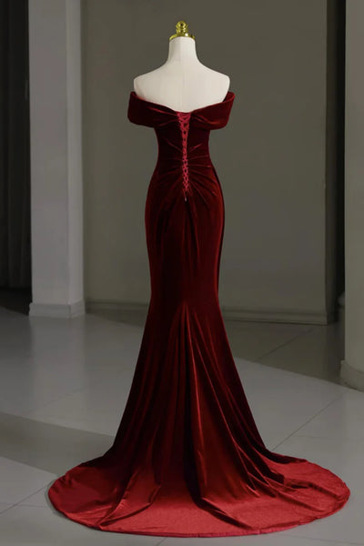 Burgundy Velvet Off Shoulder Mermaid Long Prom Dresses, Mermaid Maroon Formal Dresses, Wine Red Evening Dresses WT1558