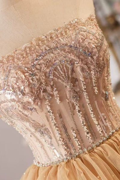 Champagne A Line Strapless Beaded Ruffle Long Prom Dresses, Champagne Formal Evening Dresses, Ball Gown