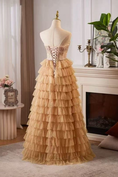 Champagne A Line Strapless Beaded Ruffle Long Prom Dresses, Champagne Formal Evening Dresses, Ball Gown