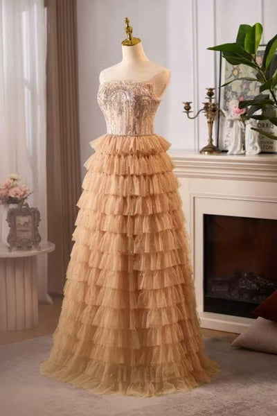 Champagne A Line Strapless Beaded Ruffle Long Prom Dresses, Champagne Formal Evening Dresses, Ball Gown