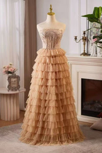 Champagne A Line Strapless Beaded Ruffle Long Prom Dresses, Champagne Formal Evening Dresses, Ball Gown