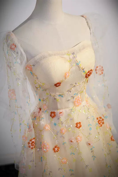 Champagne Floral Long Sleeves Prom Dresses, Champagne Formal Dresses with Appliques, Champagne Evening Dresses WT1247