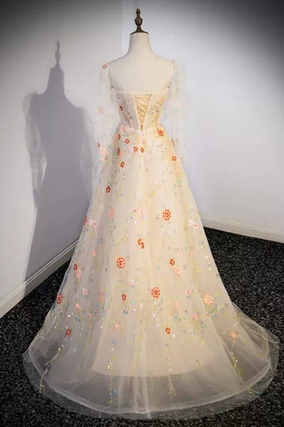 Champagne Floral Long Sleeves Prom Dresses, Champagne Formal Dresses with Appliques, Champagne Evening Dresses WT1247